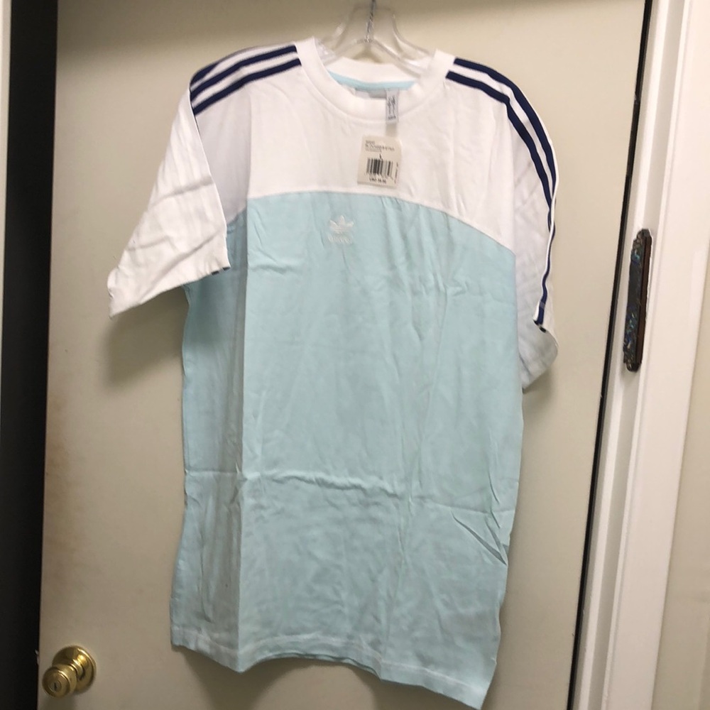 Adidas White and Blue Short Sleeve Tee with Signature Stripes